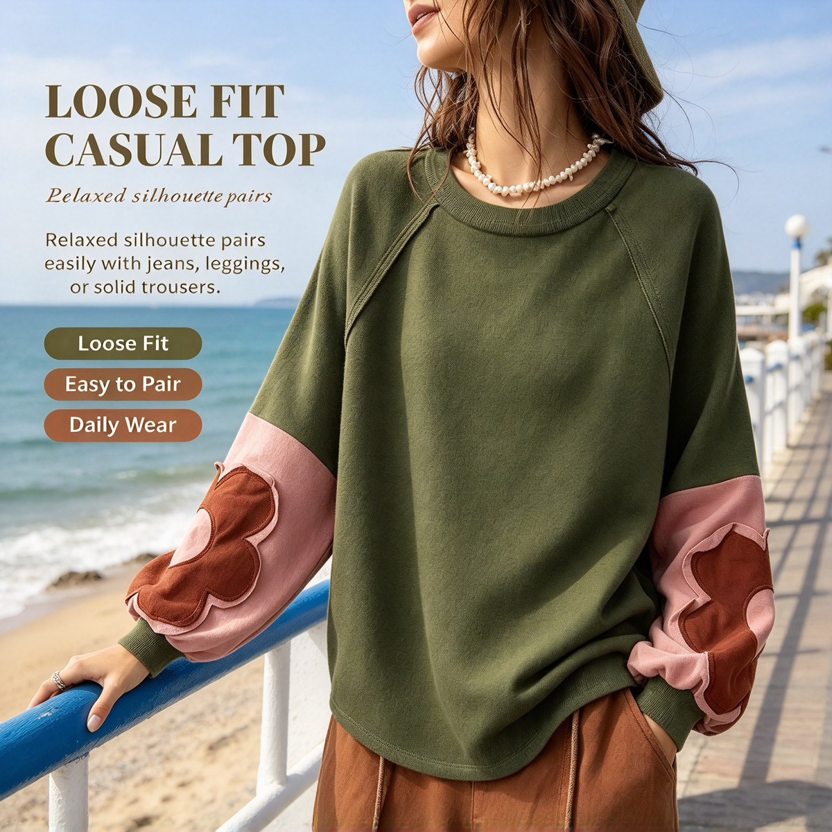 Green Floral Patchwork Sleeve Top