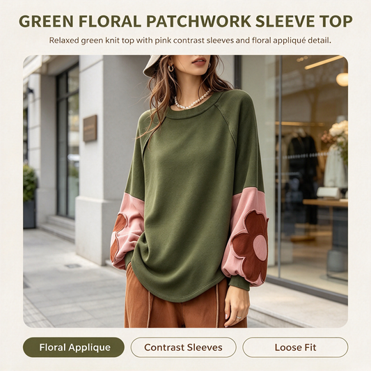 Green Floral Patchwork Sleeve Top