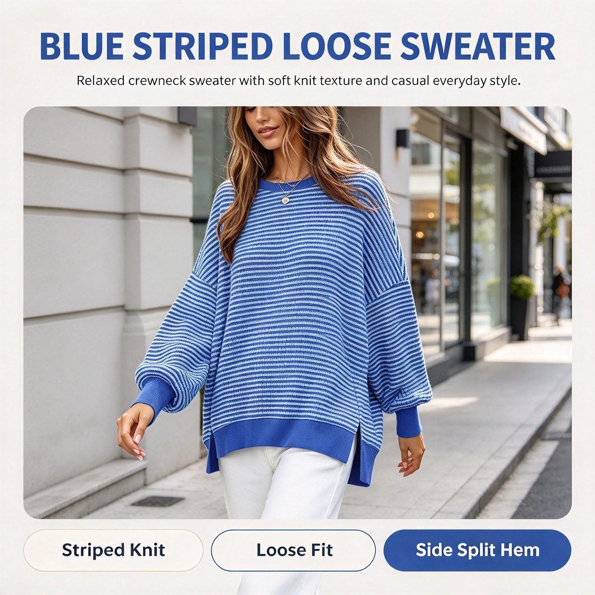 Blue Striped Loose Crewneck Sweater