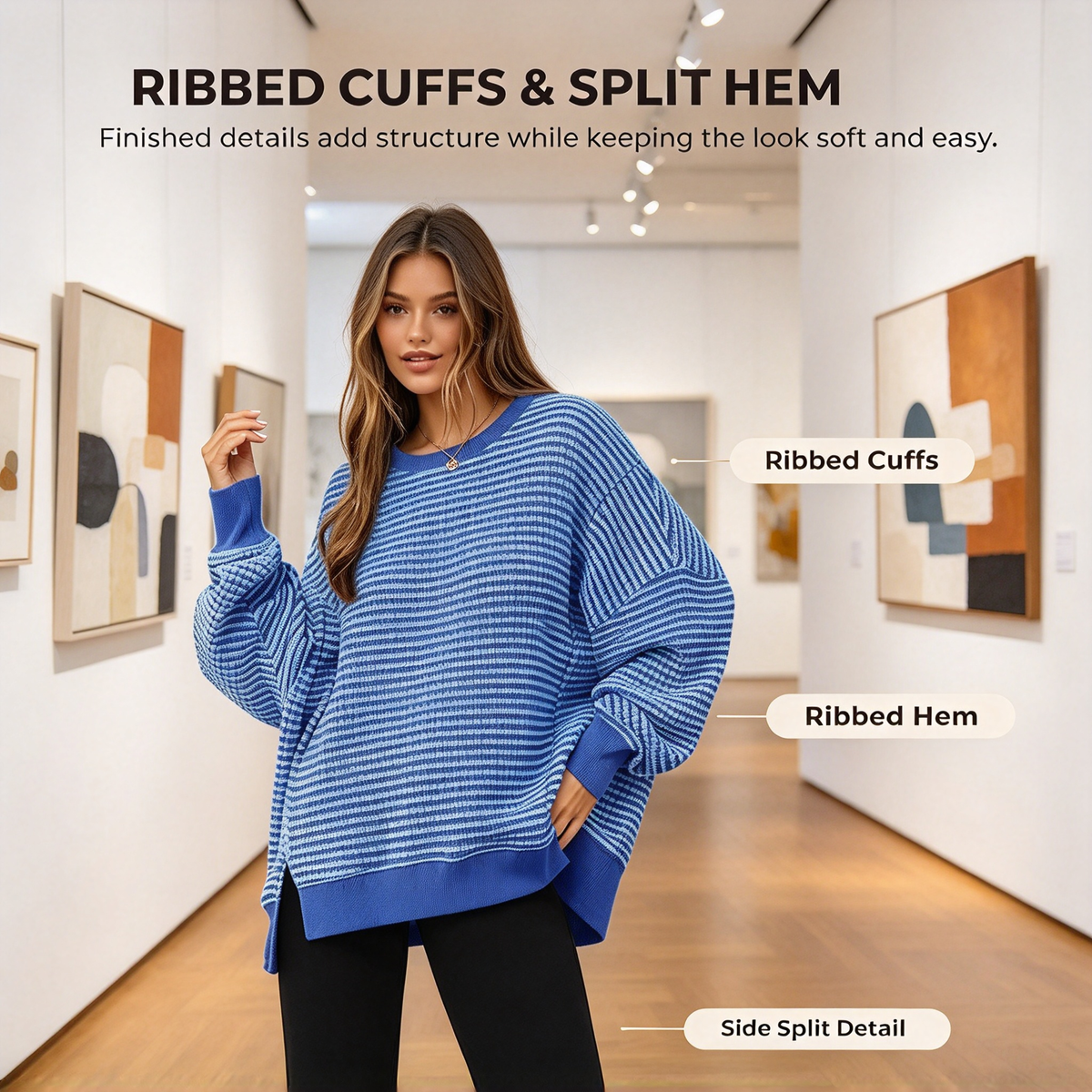Blue Striped Loose Crewneck Sweater