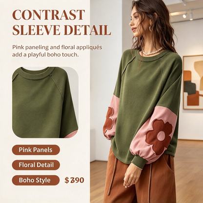 Green Floral Patchwork Sleeve Top