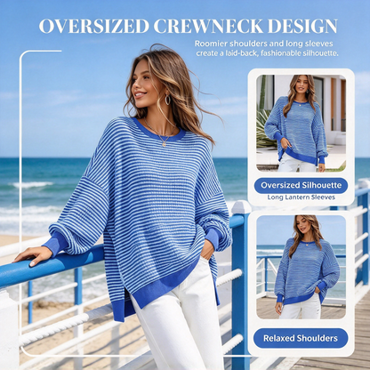Blue Striped Loose Crewneck Sweater