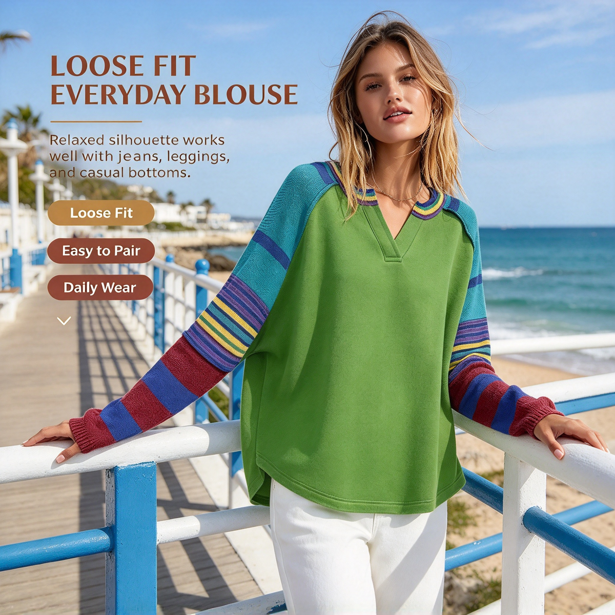 Green Floral Patchwork Sleeve Top