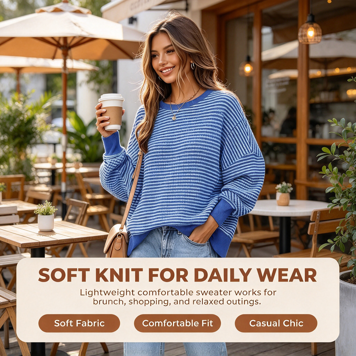 Blue Striped Loose Crewneck Sweater