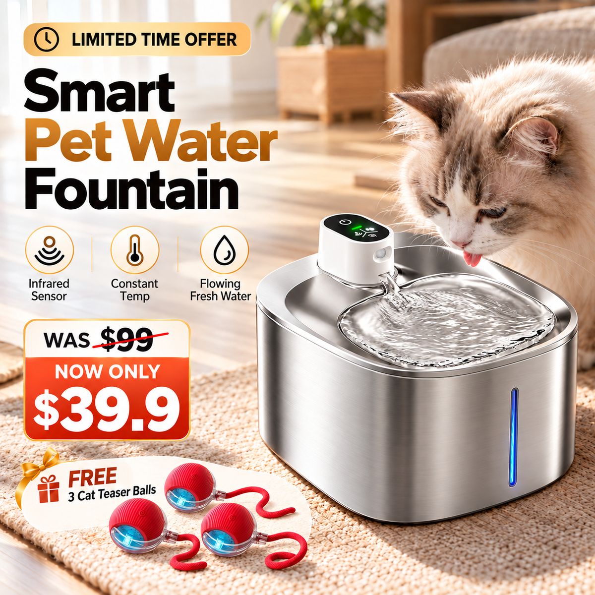 Smart Heated Cat Water Fountain – Motion Sensor & Auto Filtration